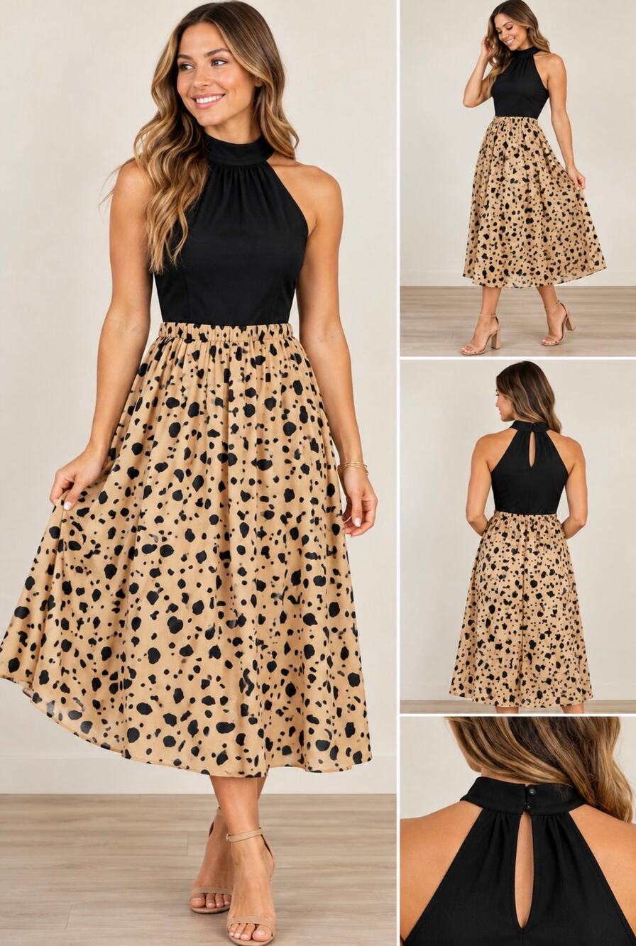 SHEIN Women’s Leopard Print Halter Midi Dress Black Tan Size Medium M